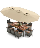 Gouun 10 Pieces Patio Wicker Dining Set with 15 Feet Double-Sided Patio Umbrella