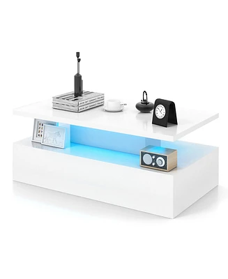Gymax Led Coffee Table 2-Tier High Glossy with Adjustable Light & Remote Control White