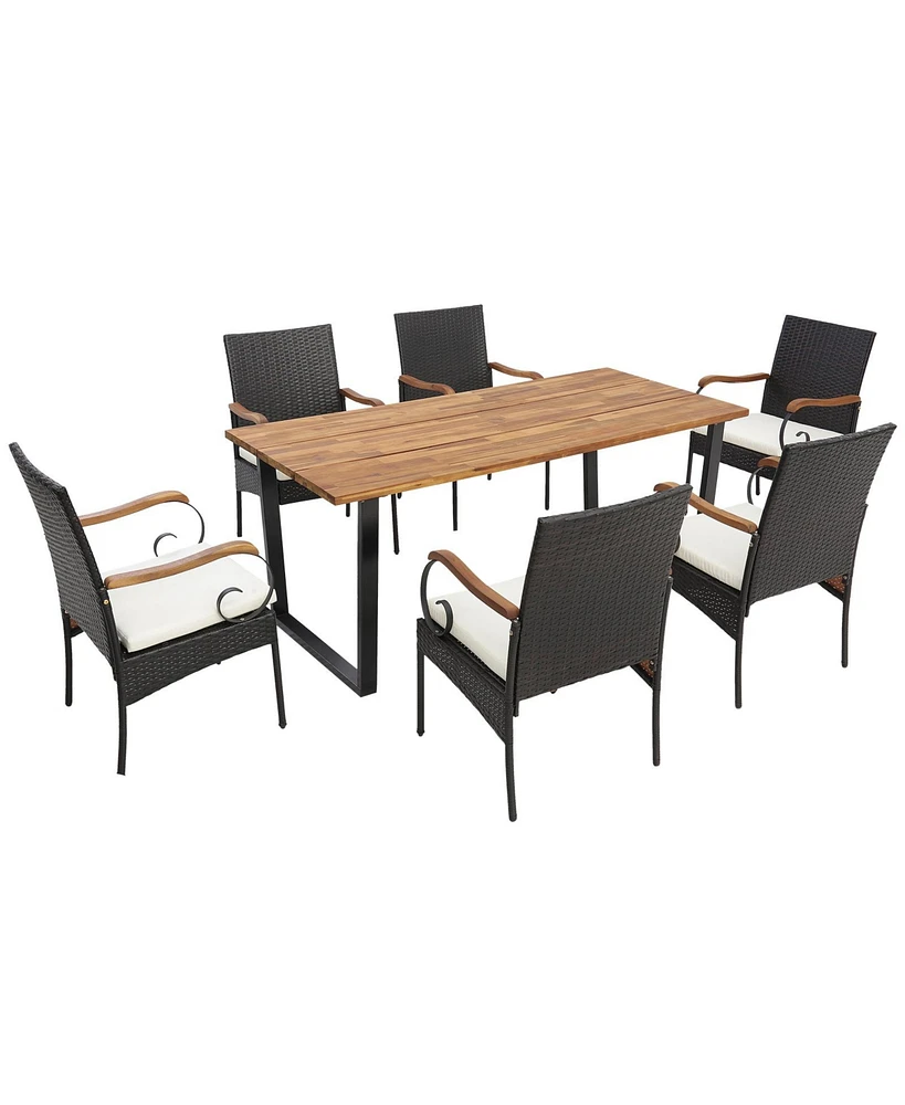 Gouun 7 Pieces Patio Rattan Dining Set with 2 Inches Umbrella Hole-Curved Handrail