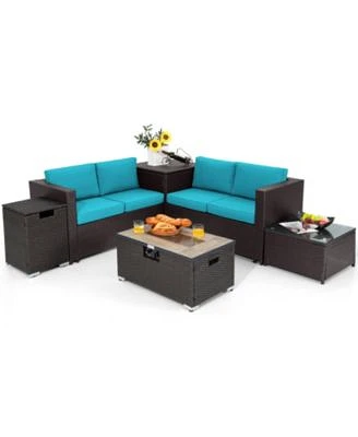 Gouun 6 Pieces Outdoor Wicker Furniture Set with 32 Inch Propane Fire Pit Table