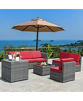 Gouun 8 Piece Wicker Sofa Rattan Dinning Set Patio Furniture with Storage Table