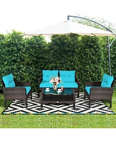 Gouun 4 Pieces Outdoor Rattan Wicker Loveseat Furniture Set with Cushions