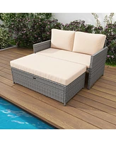 Gouun Outdoor Rattan Daybed Wicker Loveseat and 31 Gallon Storage Ottoman