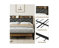 gaomon Full Size Bed Frame with Headboard, Charging Station and Storage Shelf, Sturdy Metal Slats Support, No Box Spring Need, Easy Assembly