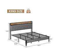 gaomon King Bed Frame with Charging Station, Led Bed Frame with Storage Headboard, Upholstered Platform Bed Frame King Size, No Box Spring Needed