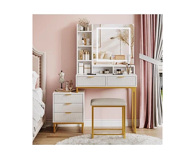 gaomon Makeup Vanity Desk with Mirror and Lights, Vanity Table with 5 Drawers, Vanity Set with Stool and Removable Side Storage Cabinet for Bedroom