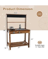 Gymax Kids Mud Kitchen Play Kitchen w/ Blackboard Stoves Removable Sink Natural