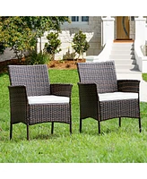 Gymax Patio 4PCS Rattan Arm Dining Chair Cushioned Sofa Furniture Brown