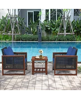 Gouun 3 Pieces Patio Wicker Furniture Set with Acacia Wood Table and Washable Cushion