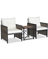 Gouun 3 Pieces Patio Rattan Furniture Set with Acacia Wood Tabletop