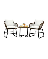 Gouun 3 Pieces Patio Rattan Bistro Set Cushioned Chair Glass Table Deck