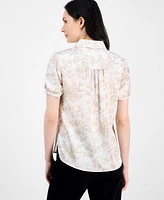 Anne Klein Women's Floral-Print Short-Sleeve Collared Blouse