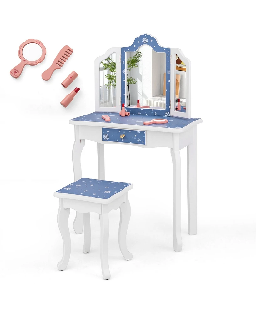 Costway Kids Vanity Set Toddler Makeup Table & Stool with Tri-folding Mirror Drawer Light