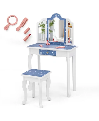 Costway Kids Vanity Set Toddler Makeup Table & Stool with Tri-folding Mirror Drawer Light