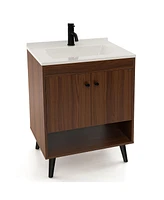 Gymax 25 Inch Wooden Bathroom Vanity Sink Combo with Open Shelf & Sink & Pop Up Drain