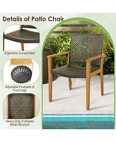 Gymax Outdoor Rattan Chair Set of 4 Patio Pe Wicker Dining Chairs w/ Sturdy Acacia Wood Frame