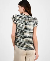 Anne Klein Women's Abstract-Print Split-Neck Flutter-Sleeve Top