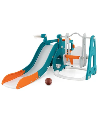 Gouun 5-in-1 Kids Slide and Swing Set with Mini Bus and Basketball Hoop