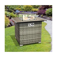 SereneLife 40,000 Btu Square Wicker Propane Gas Fire Pit Table with Tile Top and Glass Wind Guard
