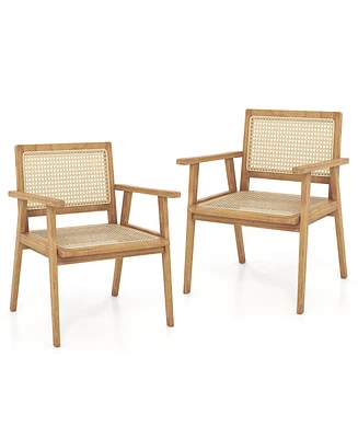 Gymax 2PCS Wood Chair Teak Wood Armchair w/ Rattan Seat & Curved Backrest Dining Chair Patio