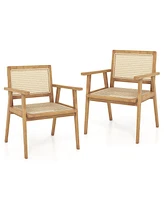 Gymax 2PCS Wood Chair Teak Wood Armchair w/ Rattan Seat & Curved Backrest Dining Chair Patio