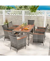 Gouun 7 Pieces Patio Acacia Wood Cushioned Pe Rattan Wicker Dining Set