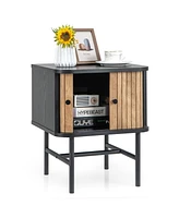 Mid-century Modern Nightstand with Sliding Doors and Storage Cabinet
