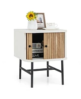 Mid-century Modern Nightstand with Sliding Doors and Storage Cabinet