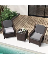 Gouun 3 Pieces Outdoor Rattan Furniture Set with Cushions and Tempered Glass Table
