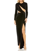 Mac Duggal Women's Long Sleeve Cutout Detail High Slit Gown