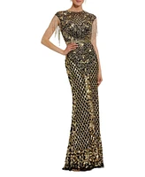 Mac Duggal Women's High Neck Sleeveless Beaded Fringe Fitted Gown