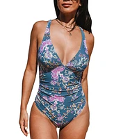 Cupshe Women's Blue Floral Cutout Moderate Cut One-Piece