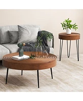 Gouun Set of 2 Solid Wood Ring Pattern Farmhouse Round Tables