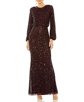 Mac Duggal Women's High Neck Long Sleeve Beaded Blouson Gown