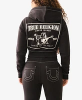 True Religion Women's Shrunken Big T Zip Hoodie Sweatshirt