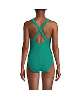 Lands' End Women's Long Torso Texture Tugless X-Back One Piece Swimsuit