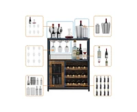 gaomon 3-Tier Wine Bar Cabinet with Led Lights, Detachable Wine Rack and Storage Space, Buffet Cabinet with Glass Holder and Mesh Door, for Kitchen