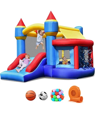 Gymax Inflatable Bounce House Castle Slide Bouncer Kids Basketball Hoop w/ 550W