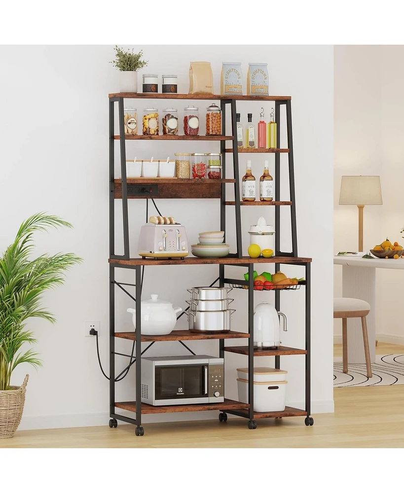 gaomon Baker Rack with Power Outlet, Coffee Bar Kitchen Freestanding Utility Storage Shelf,Kitchen Microwave Stand for Pantry Appliance Spice Pot Pan