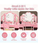 gaomon Kids Vanity Set, 2-in-1 Princess Makeup Table with Tri-Folding Mirror & Drawer, Stool, Toddler Vanity, Pretend Play Set for