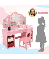 gaomon Kids Vanity Set, 2-in-1 Princess Makeup Table with Tri-Folding Mirror & Drawer, Stool, Toddler Vanity, Pretend Play Set for