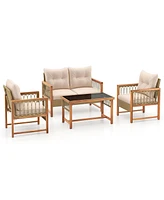 Gouun 4 Pieces Outdoor Patio Pe Wicker Conversation Bistro Set with Acacia Wood Frame