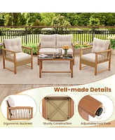 Gouun 4 Pieces Outdoor Patio Pe Wicker Conversation Bistro Set with Acacia Wood Frame