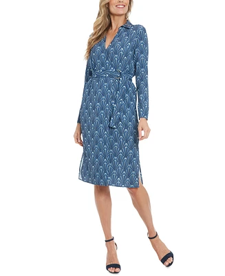 London Times Women's Faux-Wrap Collared Long-Sleeve Dress