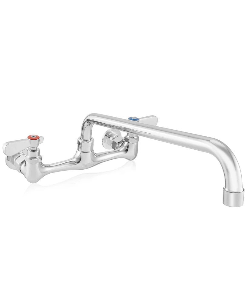 Gridmann Commercial Wall Mount Sink Faucet, 8" Center with 14" Swivel Spout, Nsf, Dual Lever Handles, Brass Construction, Chrome Polished Finish