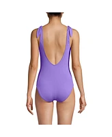 Lands' End Women's Chorine Resistant Tie Shoulder V-neck High Leg One Piece Swimsuit