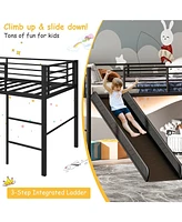 Gouun Twin Metal Loft Bed with Slide Safety Guardrails and Built-in Ladder