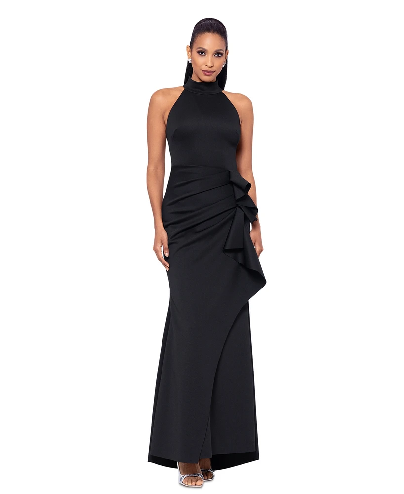 Xscape Petite Sleeveless High-Neck Scuba Draped Gown