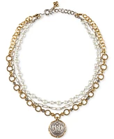 Patricia Nash Two-Tone Pave & Imitation Pearl Crown Coin Convertible Layered Pendant Necklace, 18" + 1" extender