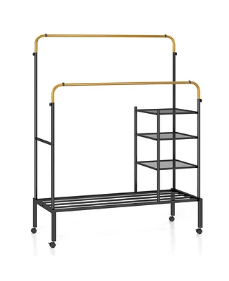 Gouun Rolling Double Rods Garment Rack with Height Adjustable Hanging Bars